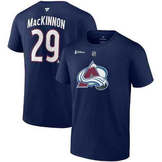 Men Colorado Avalanche 29 Nathan MacKinnon Navy 2022 Stanley Cup Champions Authentic Stack Name  26 Number T Shirt